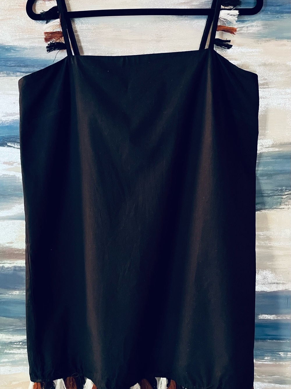 Anthropologie Black Mini Dress with Tassel Hem